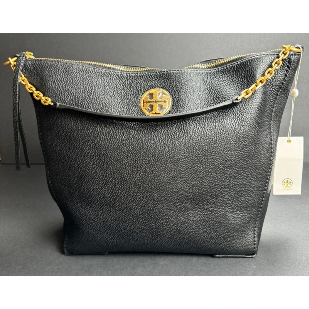 Tory Burch Carson Hobo Bag Black Pebbled Leather Gold Chain NWT 75421